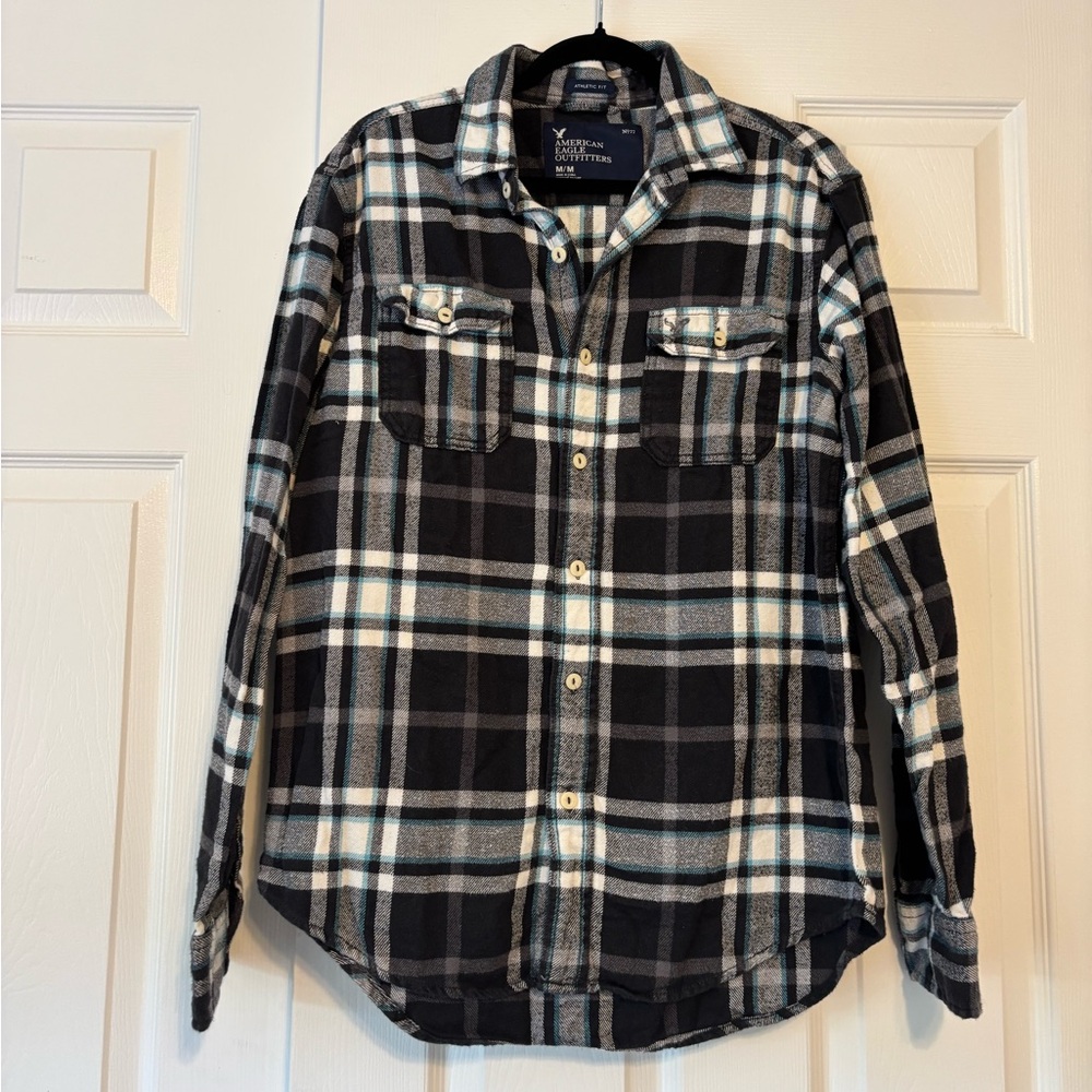 American Eagle Outfitters Black and Blue Plaid Flannel Shirt